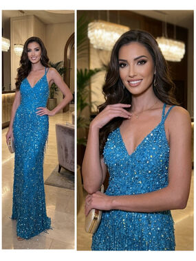 ALETA Dress Teal Sequin Beaded Fringe Prom Dress Size 2